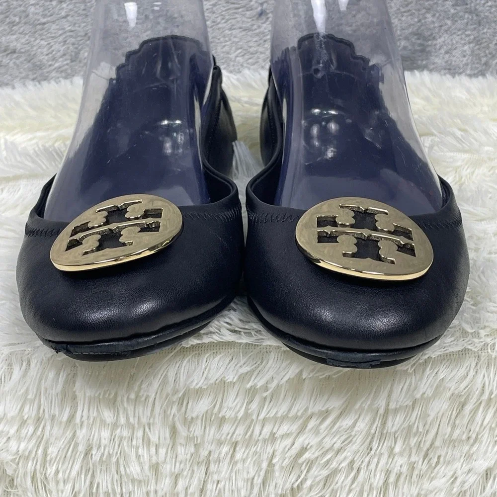 Tory Burch Minnie Travel Ballet Flats Womens 8.5M Black Good Gold Logo 6098 G19